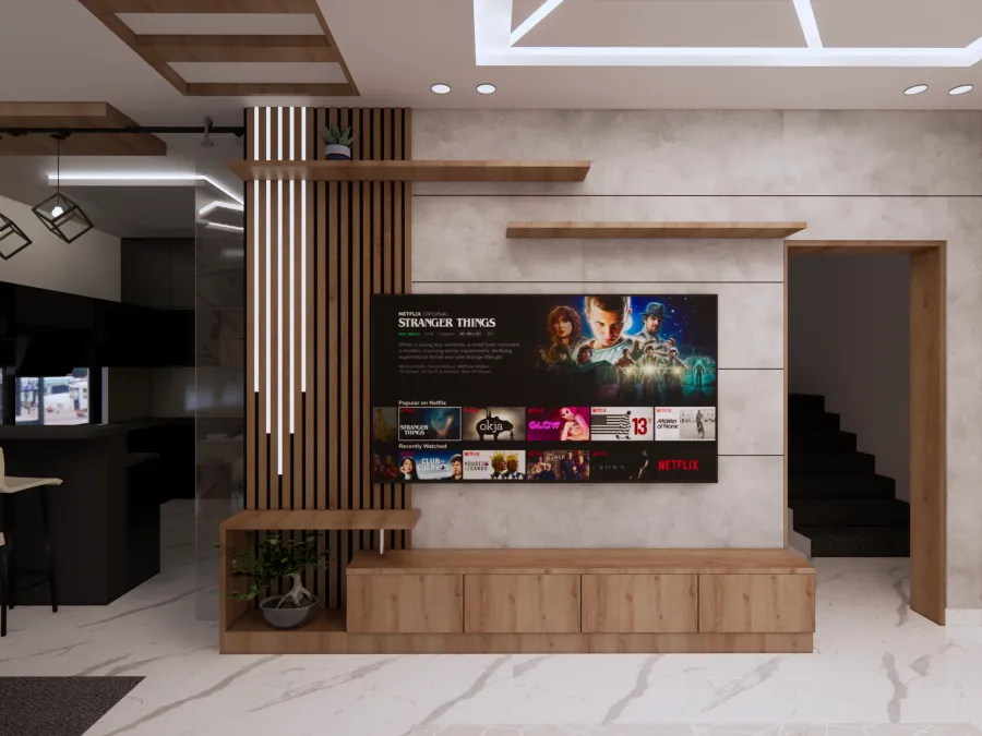 TV Unit interior design by Lamek Interiors, Chennai